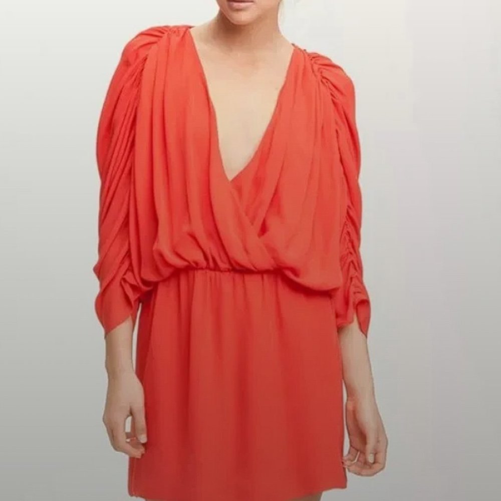 Parker Red Silk Plunge Ruched Sleeve Mini Dress - Picture 3 of 11